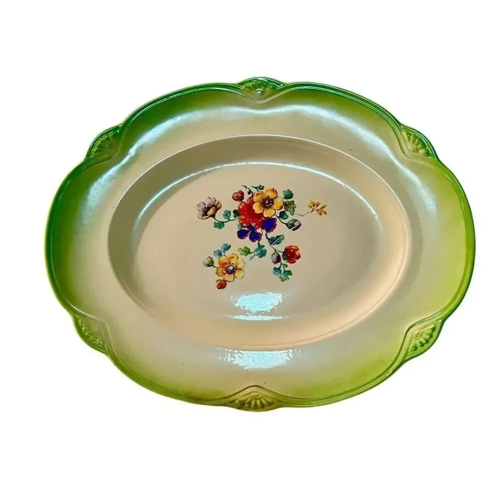 Rare Vintage 1970s Homer Laughlin Floral Platter - Green Spray Rim Pansy Bouquet